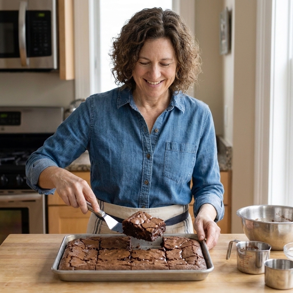A pan of brownies cut into neat squares with a spatula lifting one piece to show a dense, fudgy center