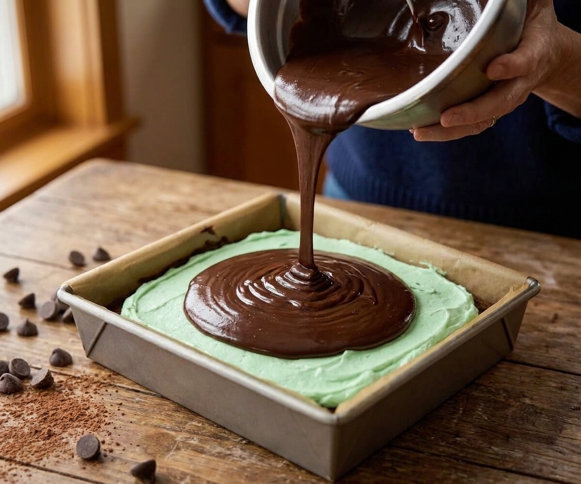 A pan of brownies with a smooth mint buttercream layer as glossy chocolate ganache is poured into the center and begins to spread outward in a thick layer