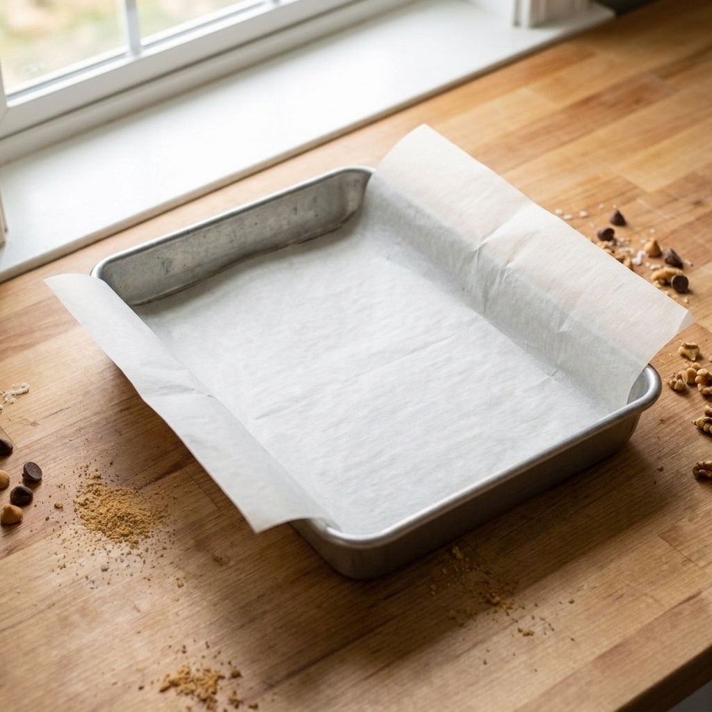 A parchment-lined 9x13-inch baking pan with a parchment sling extending over two sides for easy lifting