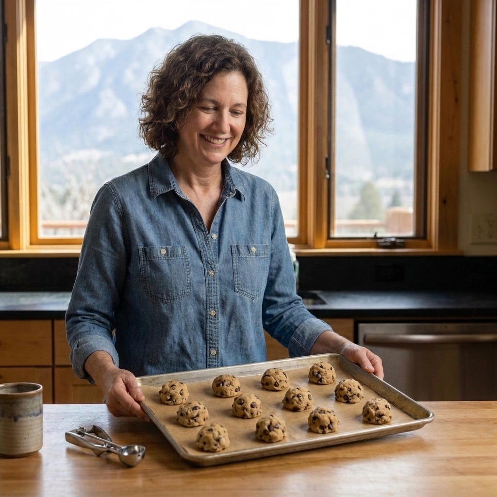 A parchment-lined baking sheet holding evenly scooped cookie dough balls ready for baking