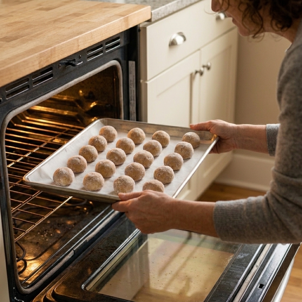 A parchment-lined baking sheet with spaced frozen cookie dough balls being placed into a preheated oven