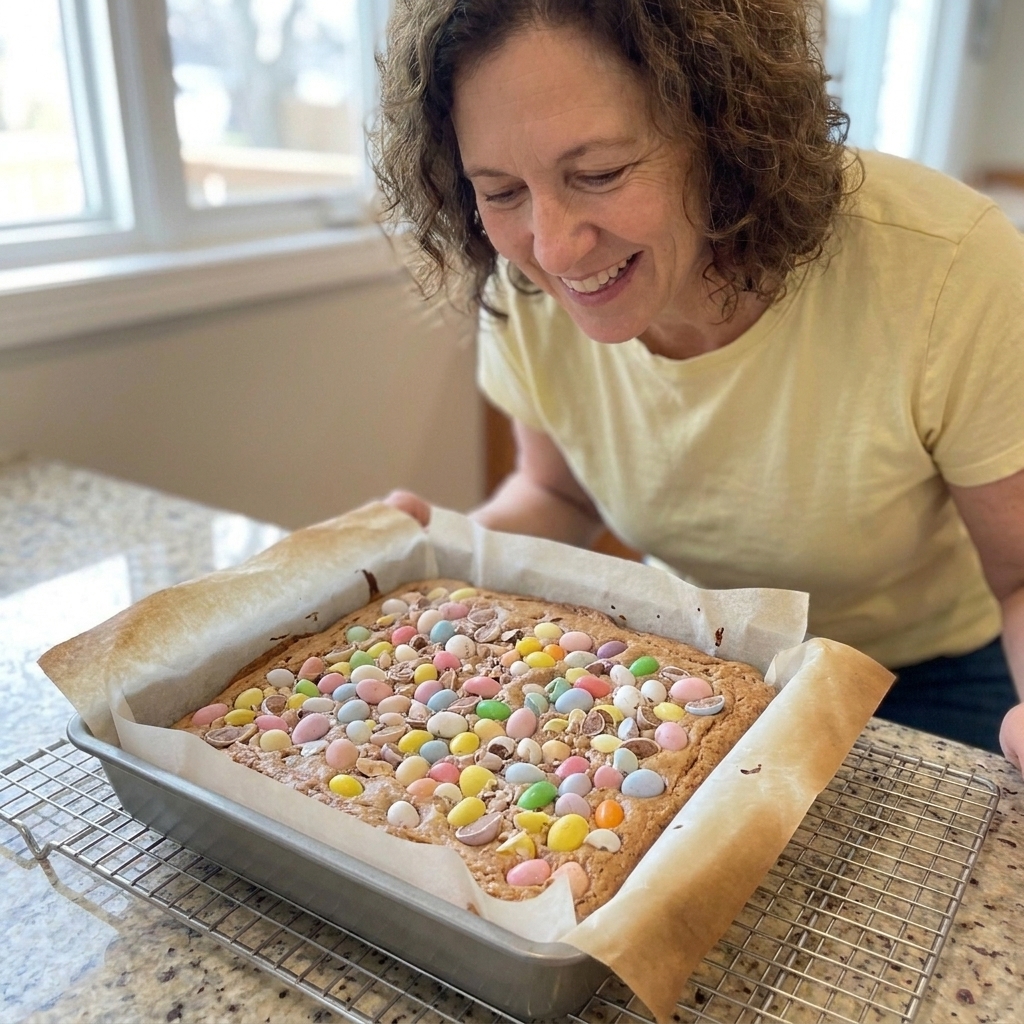 A parchment-lined pan of blondies cooling on a wire rack with chopped Easter candy baked into the top