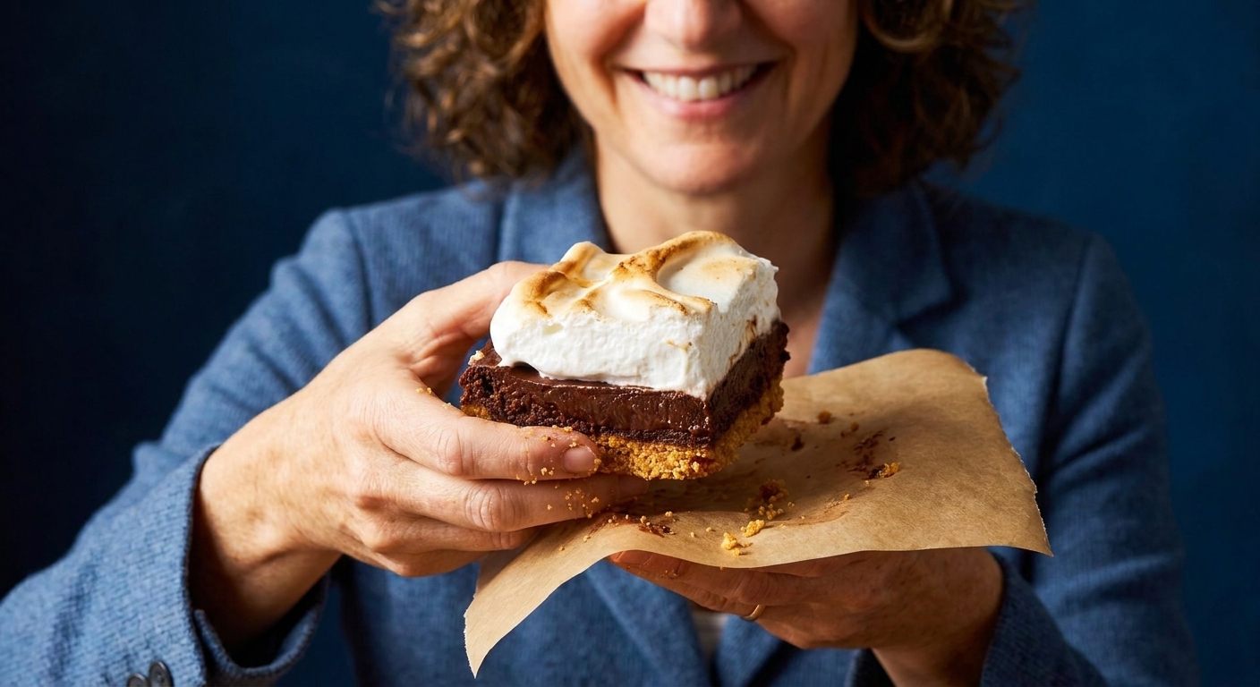 A person holding a single s’mores bar showing a gooey chocolate layer and toasted marshmallow topping with a graham crust