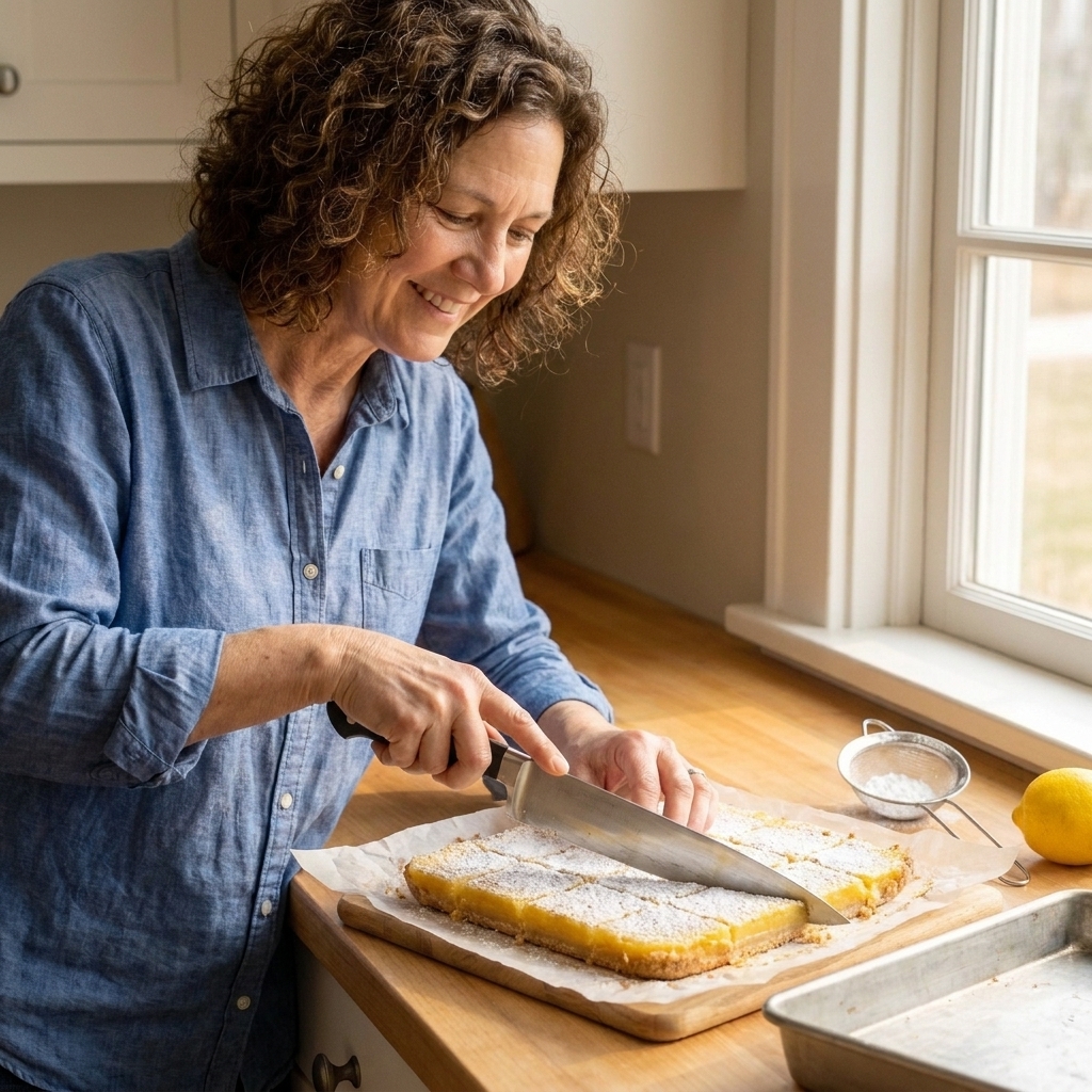 A person slicing chilled lemon bars with a long chef’s knife on a cutting board, with powdered sugar on top and parchment underneath
