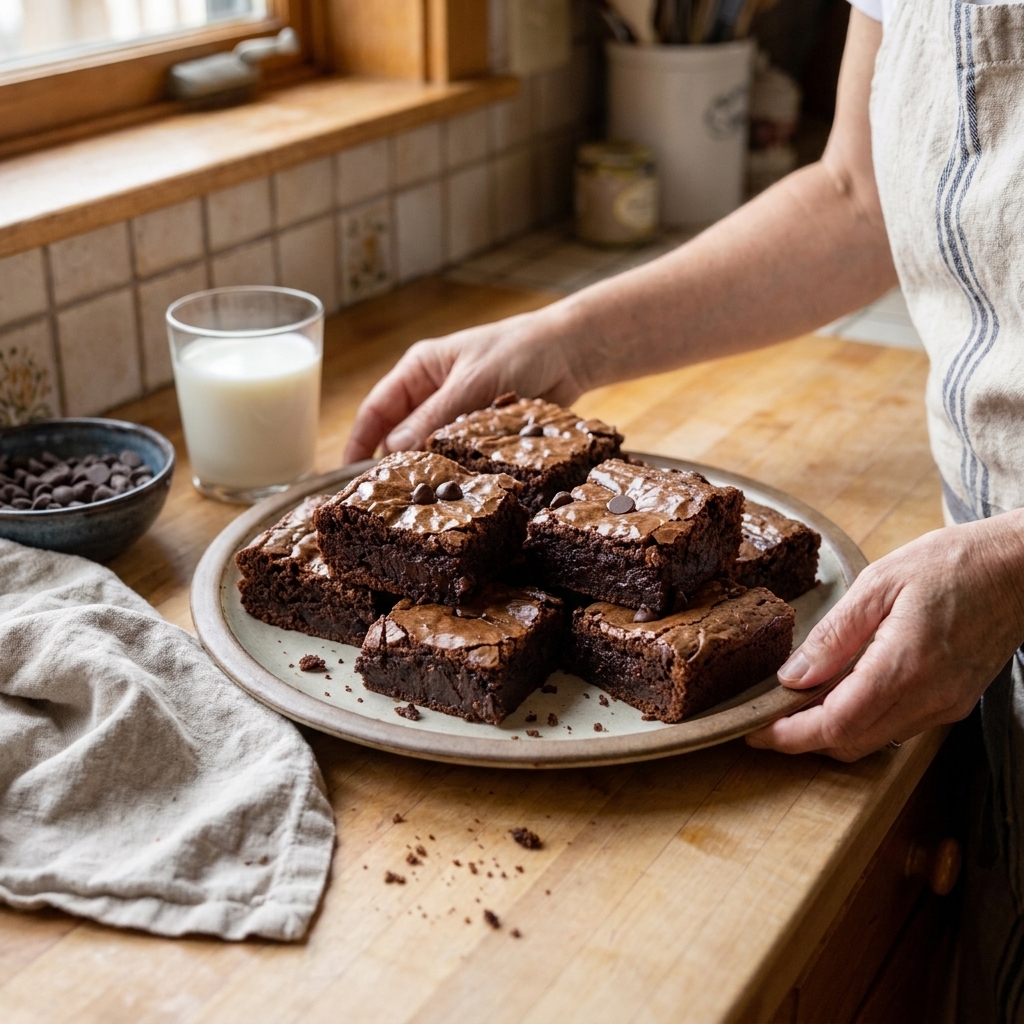 A plate holding neatly sliced gluten-free brownies with a shiny crackly top and dense fudgy centers, photographed on a wooden table
