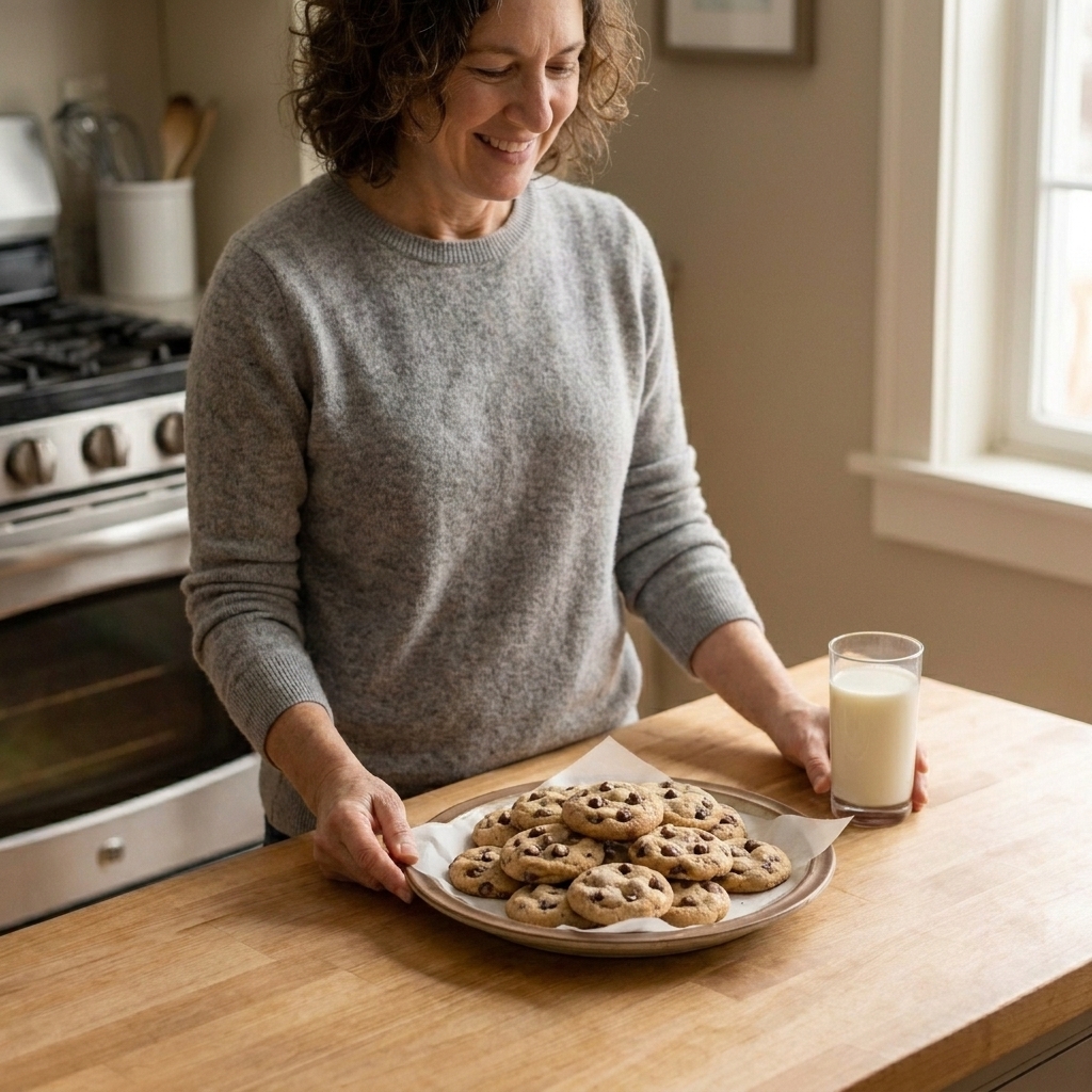 A plate of freshly baked chocolate chip cookies cooling on a wooden kitchen table with a glass of milk nearby