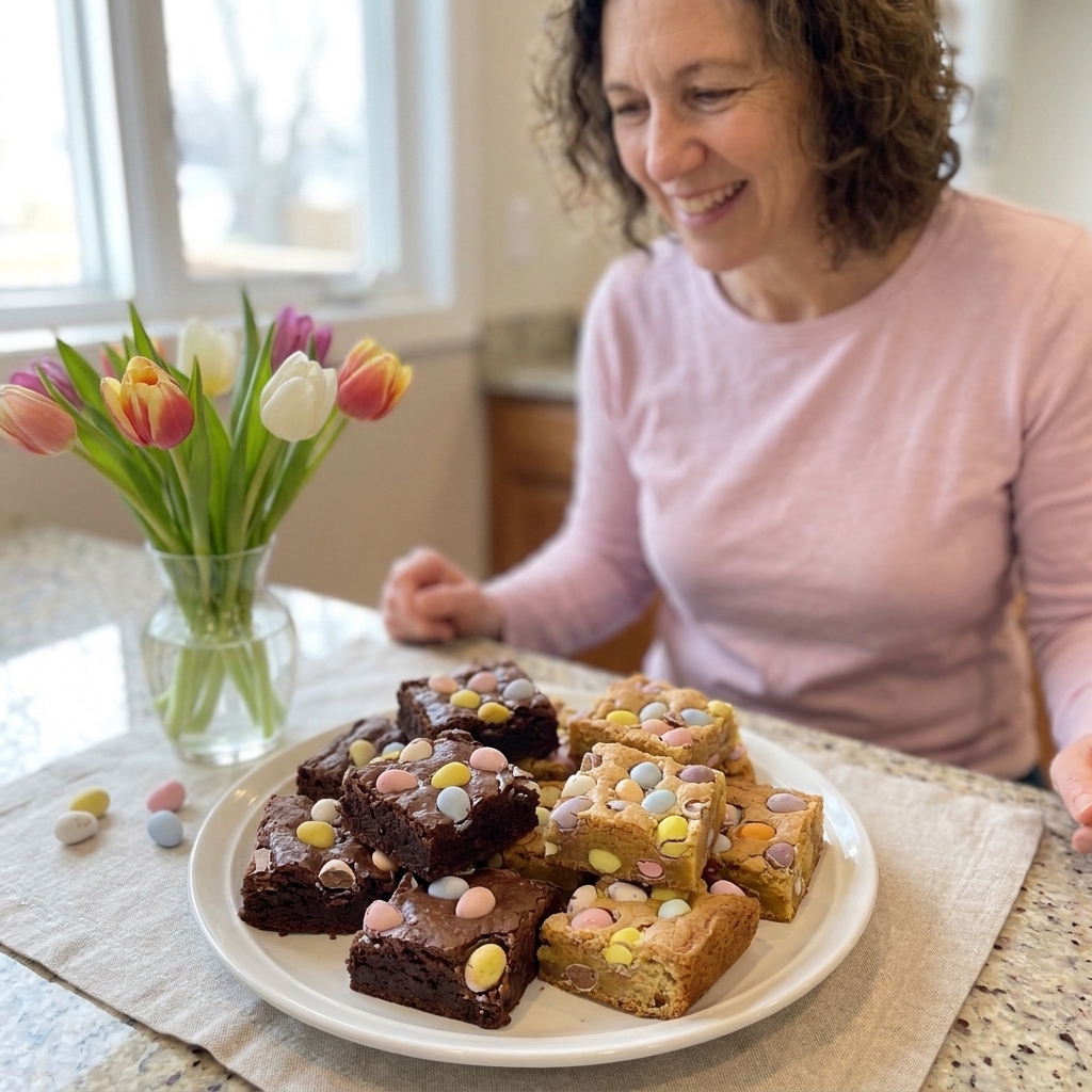 A plate of neatly cut brownie and blondie squares studded with pastel Easter candy on a spring table setting