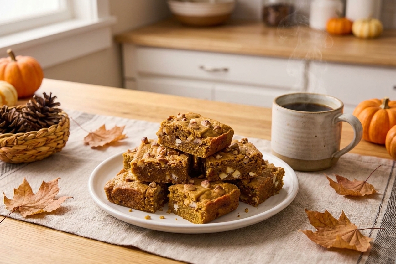 A plate of pumpkin spice blondies on a cozy autumn table setting with a mug of coffee nearby