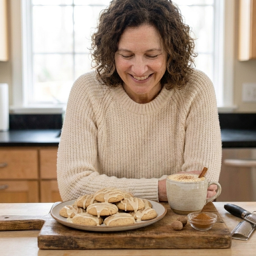 A plate of round sugar cookies drizzled with pale eggnog glaze on a wooden table with a mug of eggnog nearby