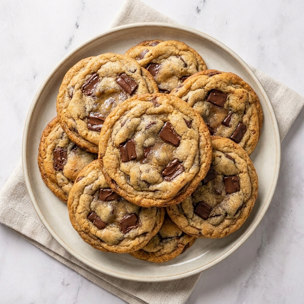 A plate of thick chocolate chip cookies with golden edges and visible chocolate chunks