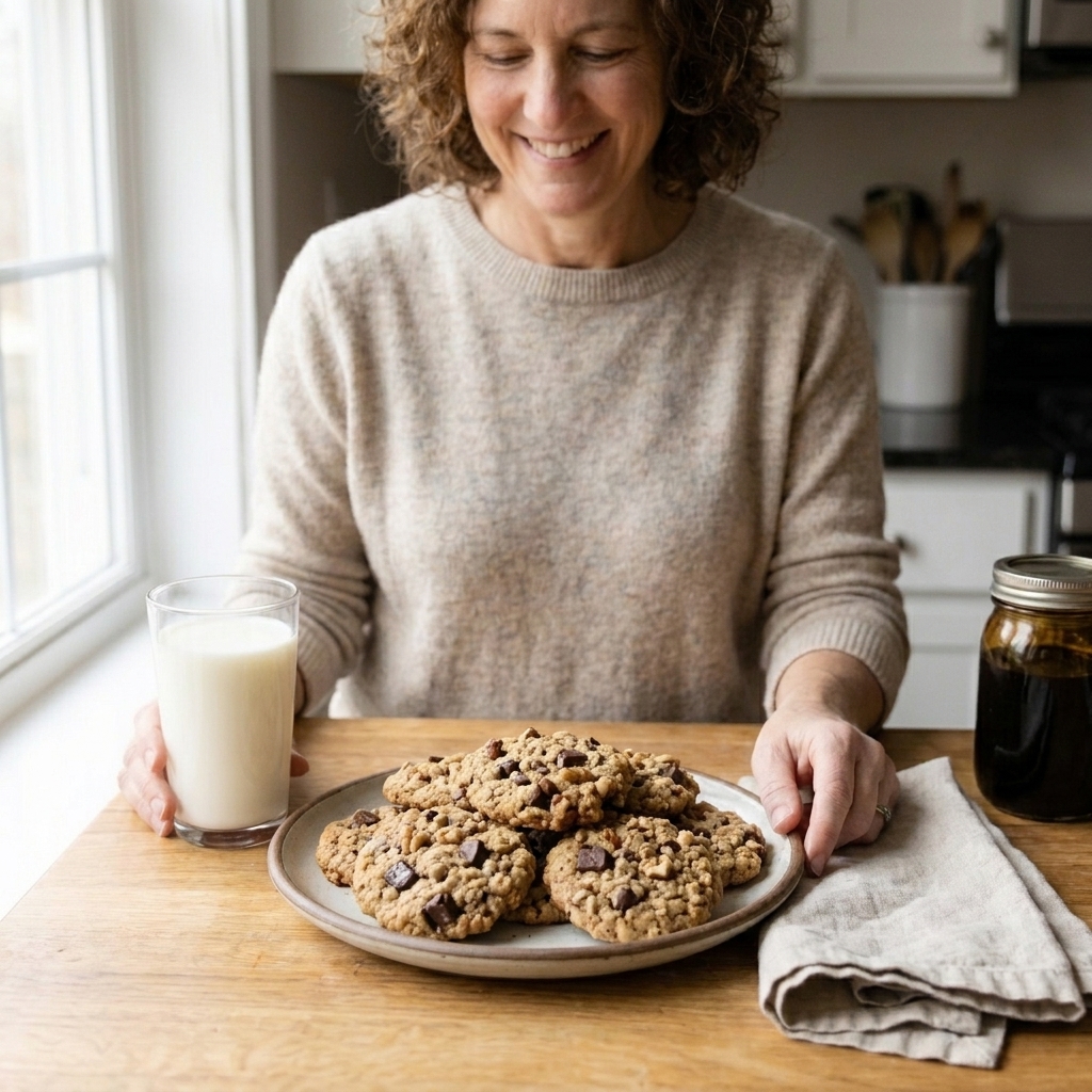 A plate of thick oatmeal cookies with visible mix-ins on a wooden table next to a glass of milk and a folded linen napkin