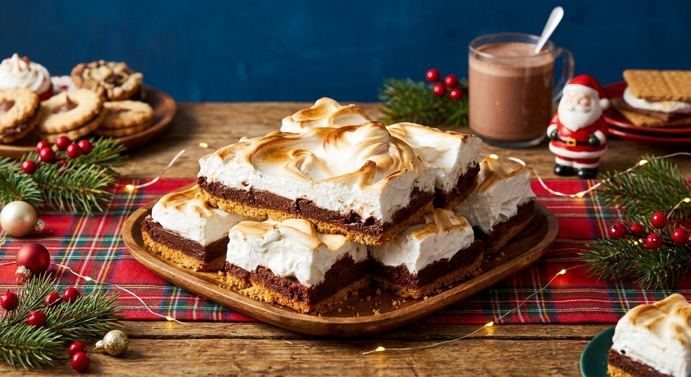 A plate of toasted marshmallow topped s’mores bars set on a cozy holiday dessert table with warm lighting