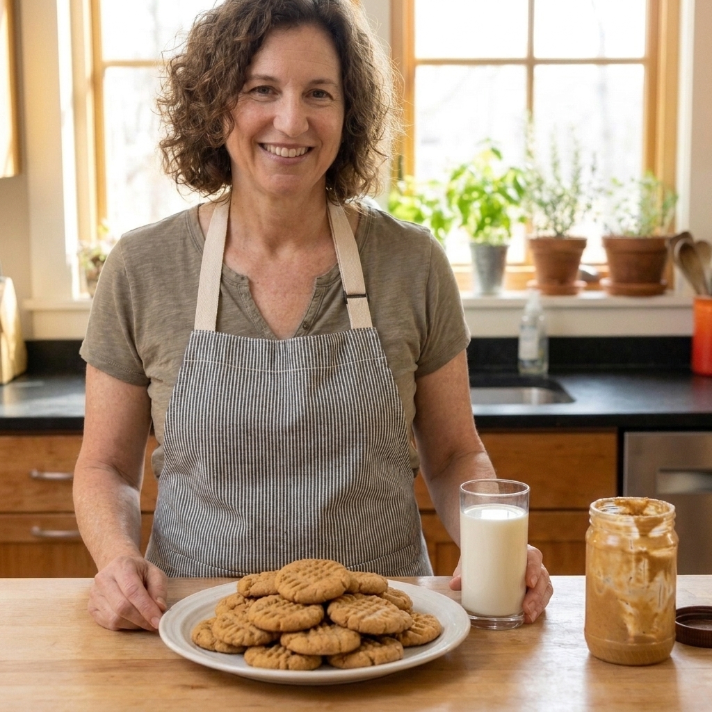 A plate piled with baked gluten-free peanut butter cookies with visible fork crosshatch marks on a table with a glass of milk nearby