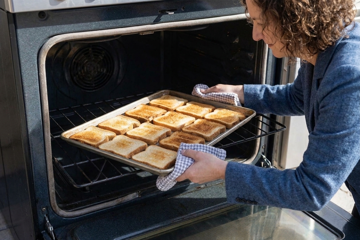 A rimmed baking sheet being turned 180 degrees on the middle oven rack halfway through baking