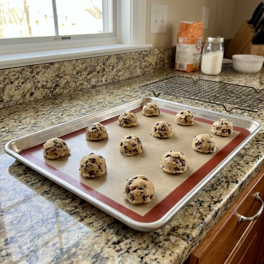 A rimmed baking sheet lined with a silicone baking mat, ready to bake cookie dough portions in a bright home kitchen