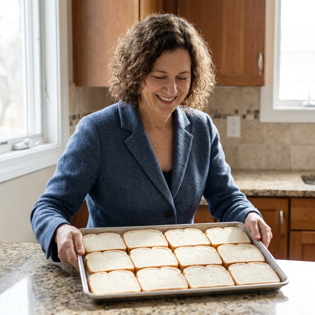 A rimmed half sheet pan on a kitchen counter filled edge to edge with slices of sandwich bread arranged in a single layer