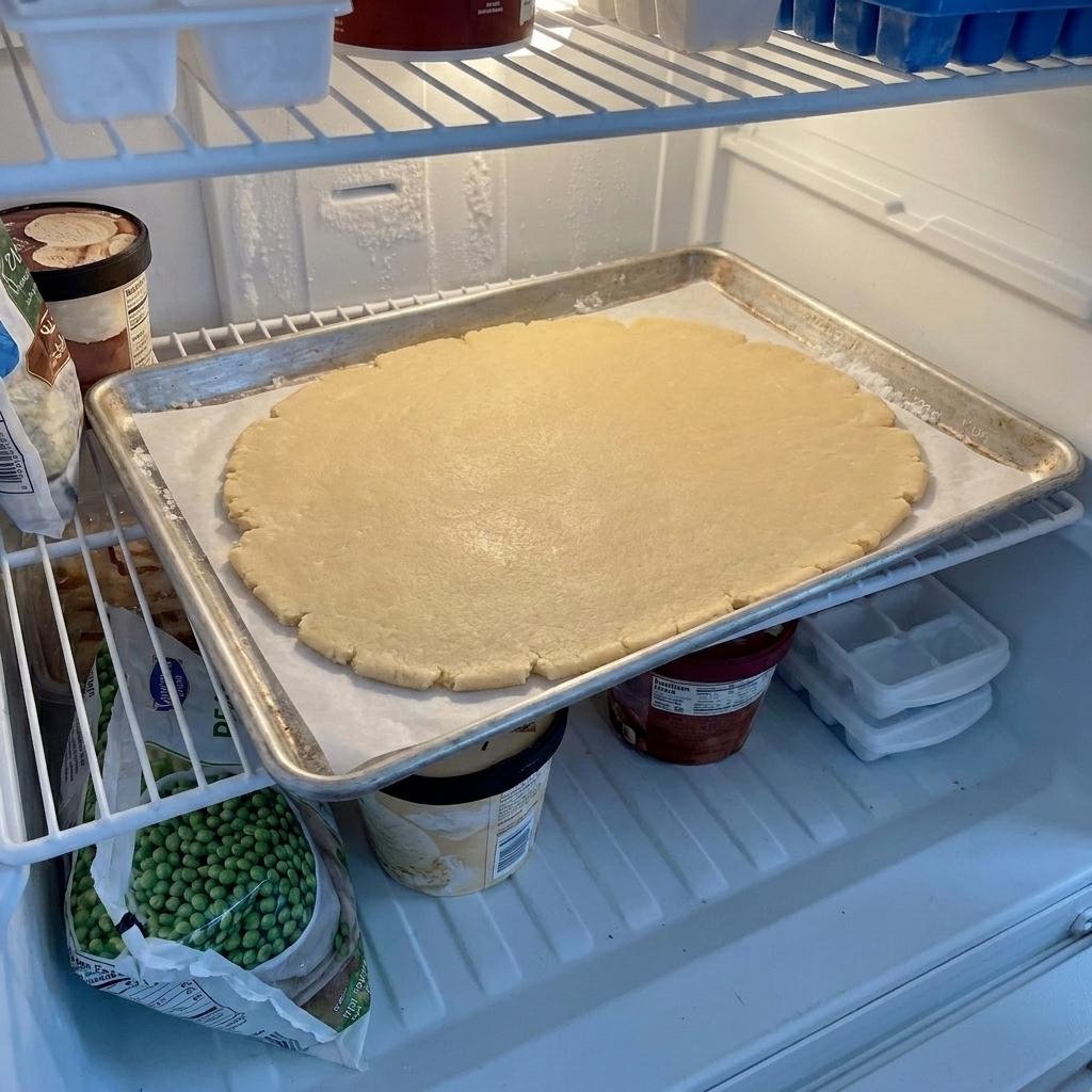 A rolled sheet of sugar cookie dough on parchment resting flat on a baking sheet inside a freezer