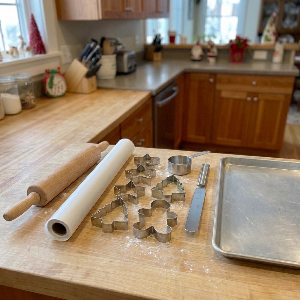 A rolling pin, parchment paper, cookie cutters, a thin spatula, and a baking sheet arranged on a kitchen counter