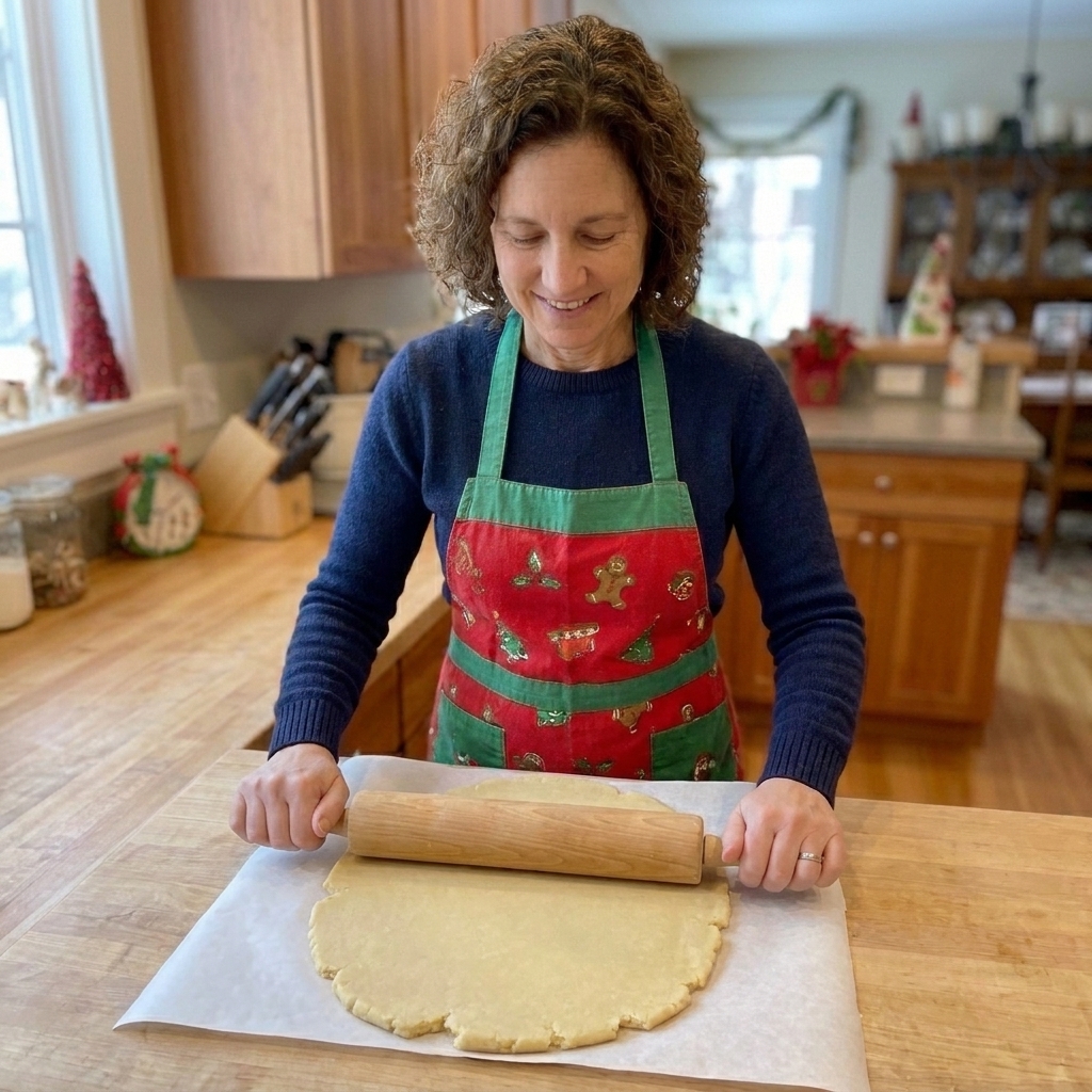 A sheet of sugar cookie dough rolled evenly between two pieces of parchment paper with a rolling pin