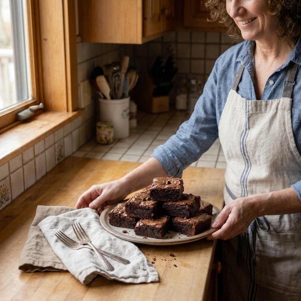 A simple dessert table setting with a small stack of brownies on a serving platter, napkins, and two forks, ready to serve
