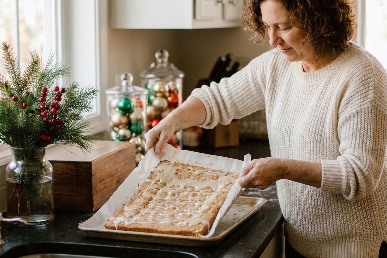 A slab of baked cookie bars being lifted out of a pan using parchment paper overhang