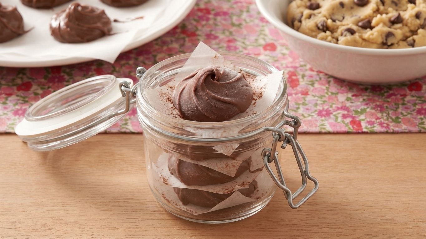 A small airtight container holding frozen Nutella pucks separated by parchment, ready for stuffing into cookie dough
