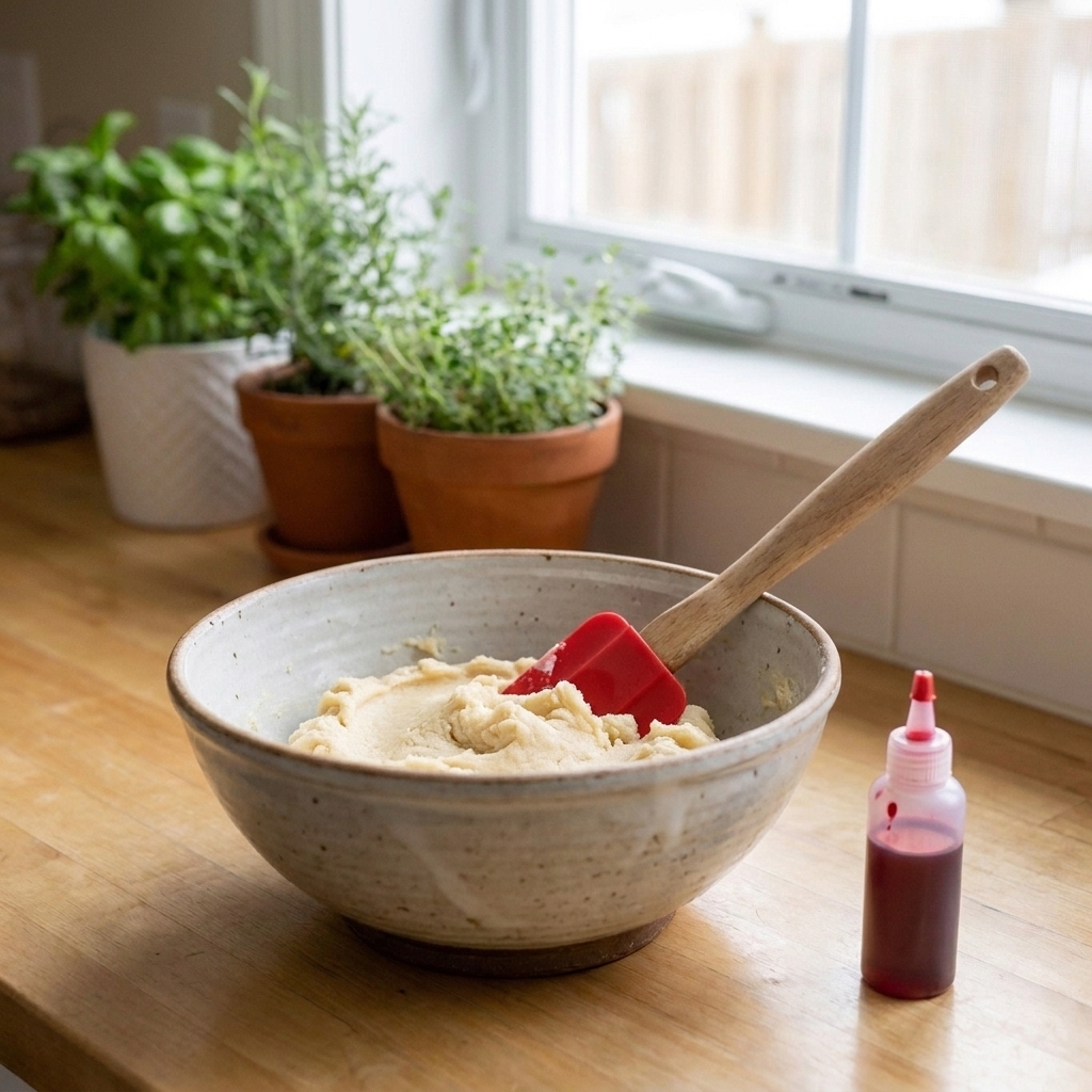 A small bottle of red gel food coloring next to a mixing bowl of cookie dough and a silicone spatula