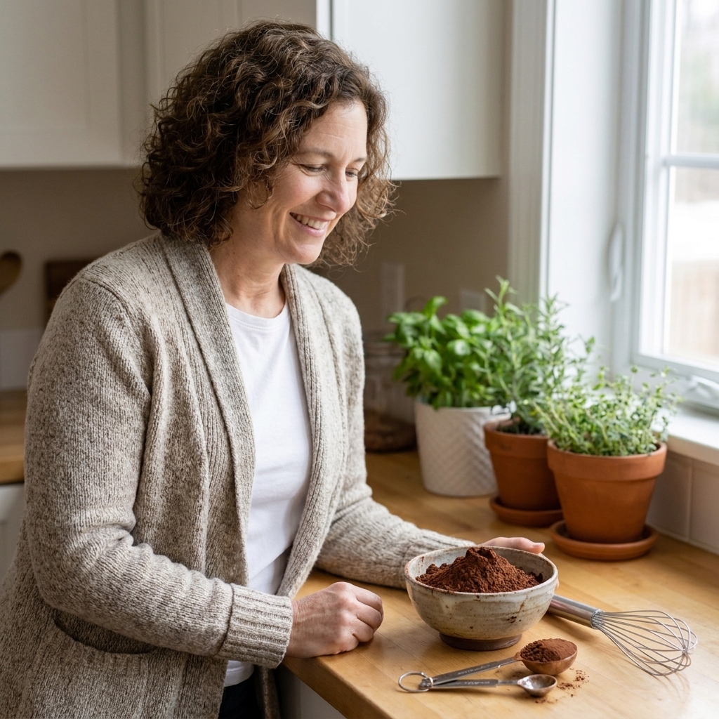 A small ceramic bowl filled with cocoa powder beside measuring spoons and a whisk on a wooden countertop