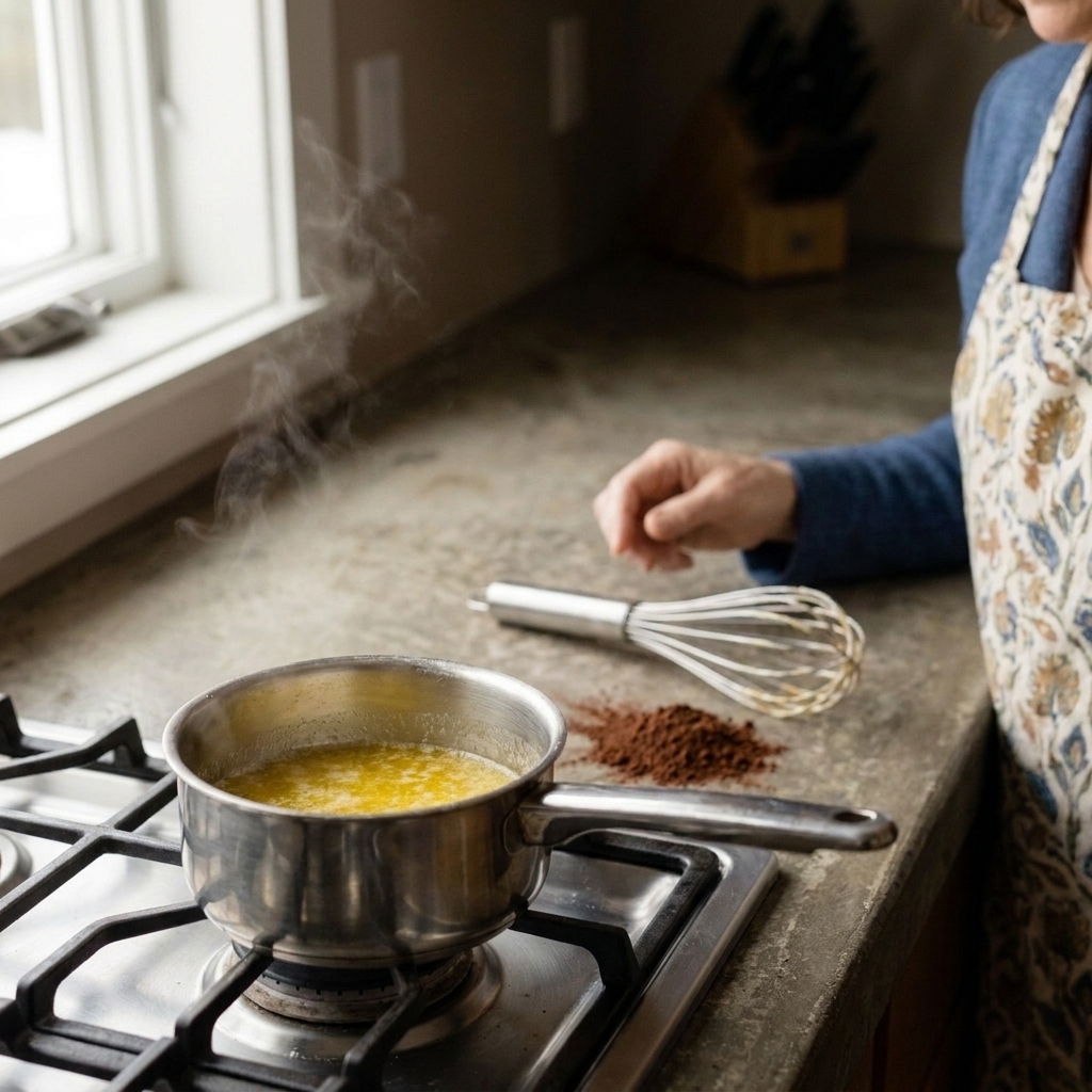 A small saucepan of freshly melted butter on a stovetop next to a whisk and cocoa powder on the counter
