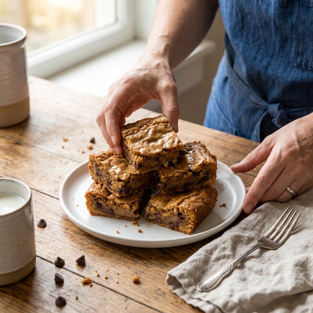A small stack of blondie squares on a white plate with visible chocolate chips and a chewy center, photographed on a cozy kitchen table