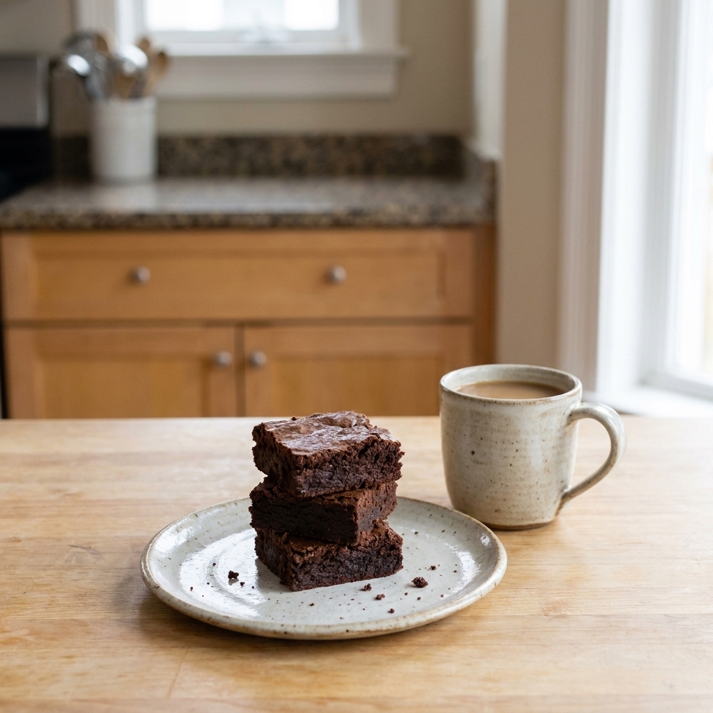 A small stack of brownie squares on a ceramic plate on a wooden table with a mug nearby