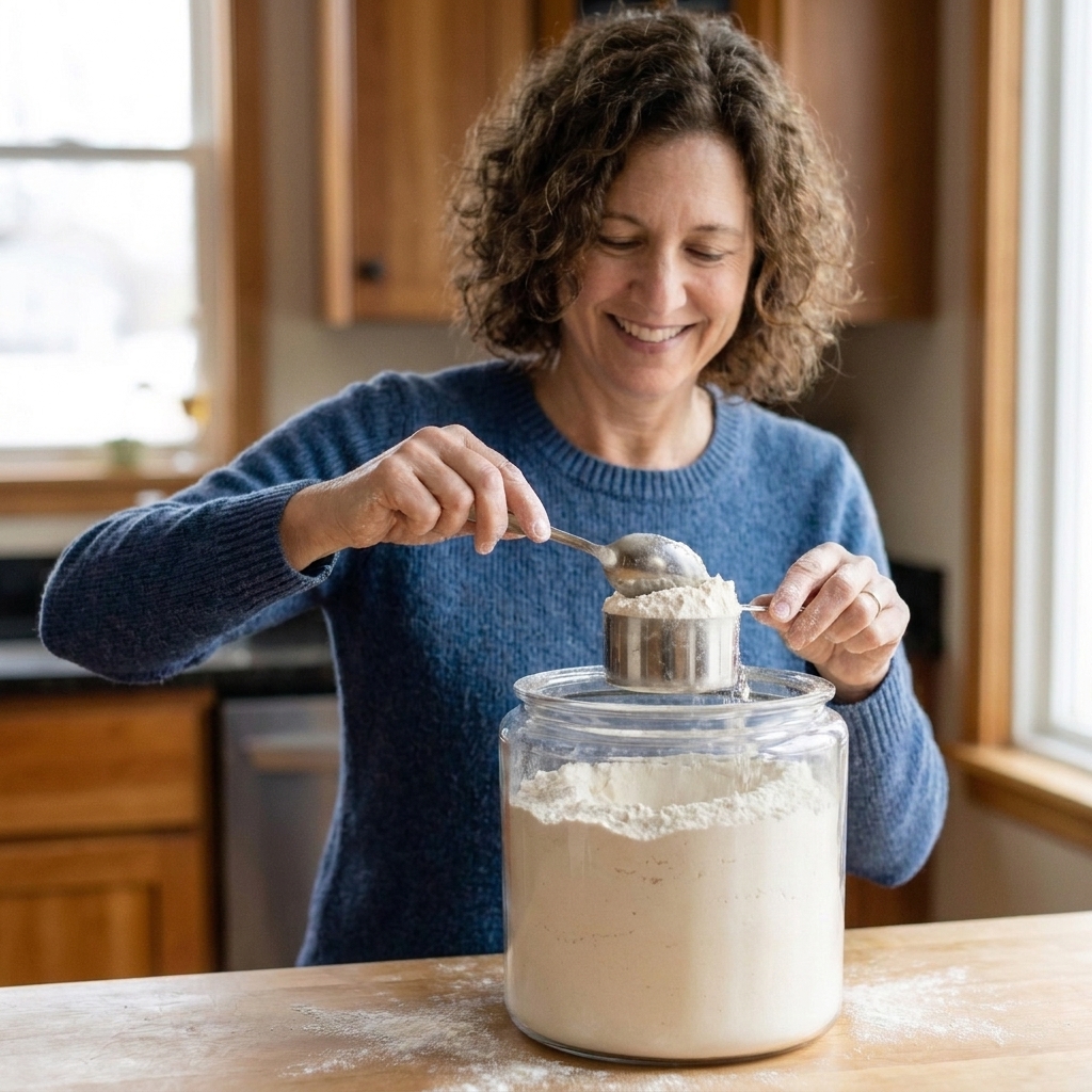 A spoon adding flour into a dry measuring cup, then a straight edge leveling it gently without pressing on a wooden countertop
