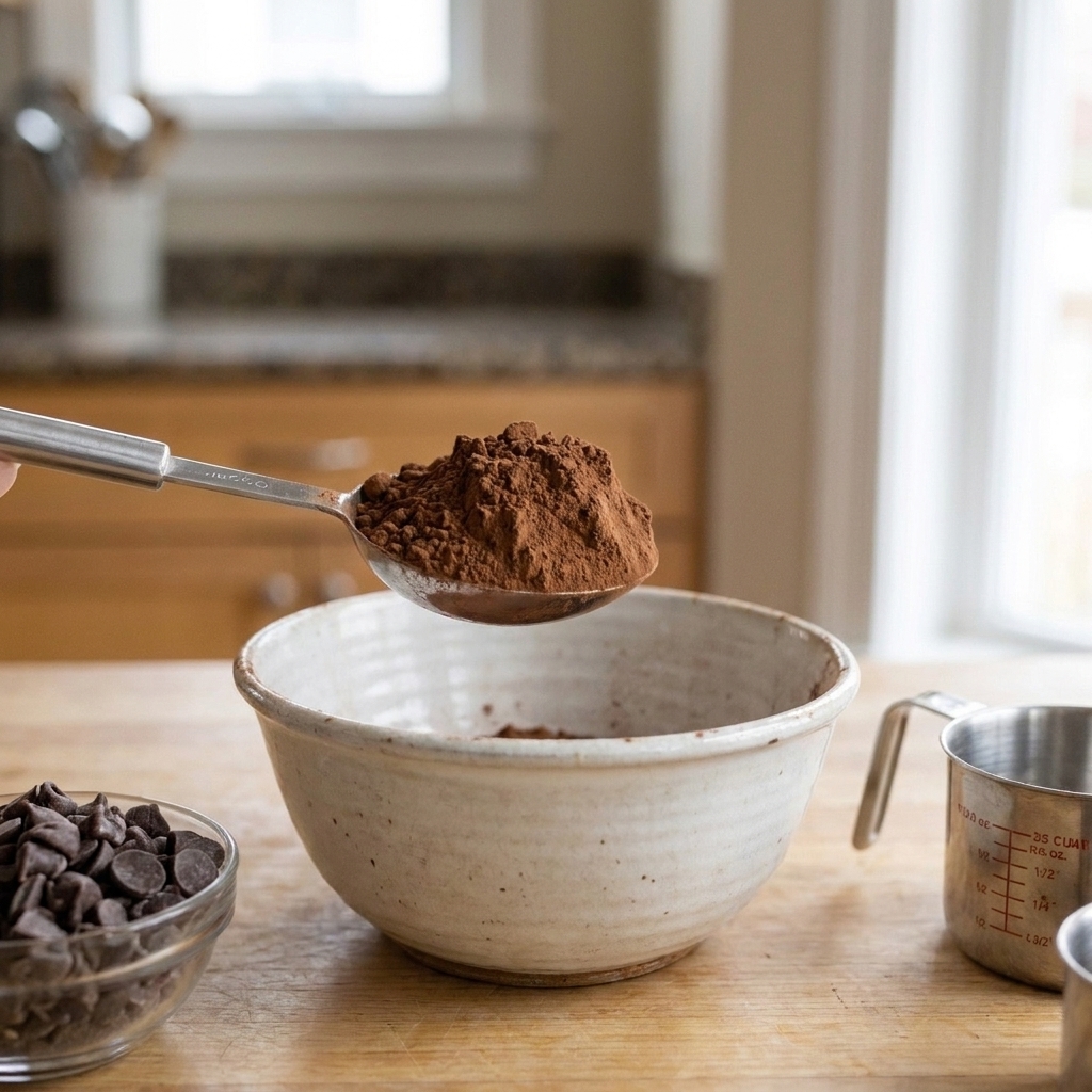 A spoon heaped with cocoa powder hovering over a ceramic bowl on a baking counter