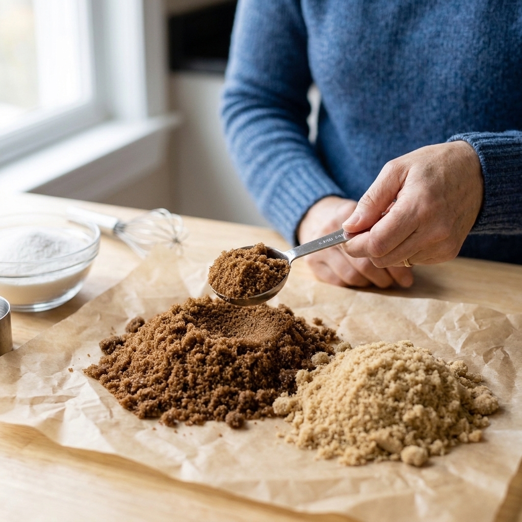 A spoon scooping dark brown sugar next to a small mound of light brown sugar on parchment paper on a baking counter