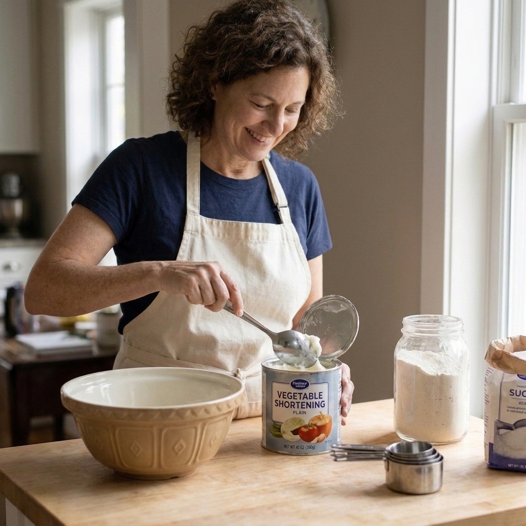 A spoon scooping plain vegetable shortening from a can next to a mixing bowl and measuring cups on a baking counter