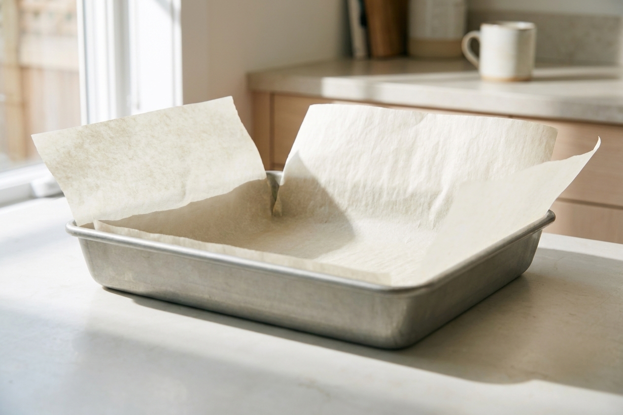 A square baking pan lined with a parchment paper sling that overhangs the sides, ready for brownie batter