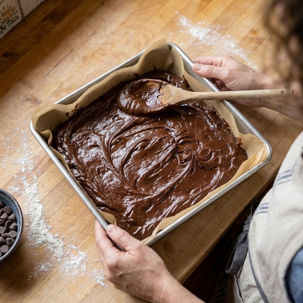 A square baking pan lined with parchment paper, filled with glossy brownie batter ready to go into the oven