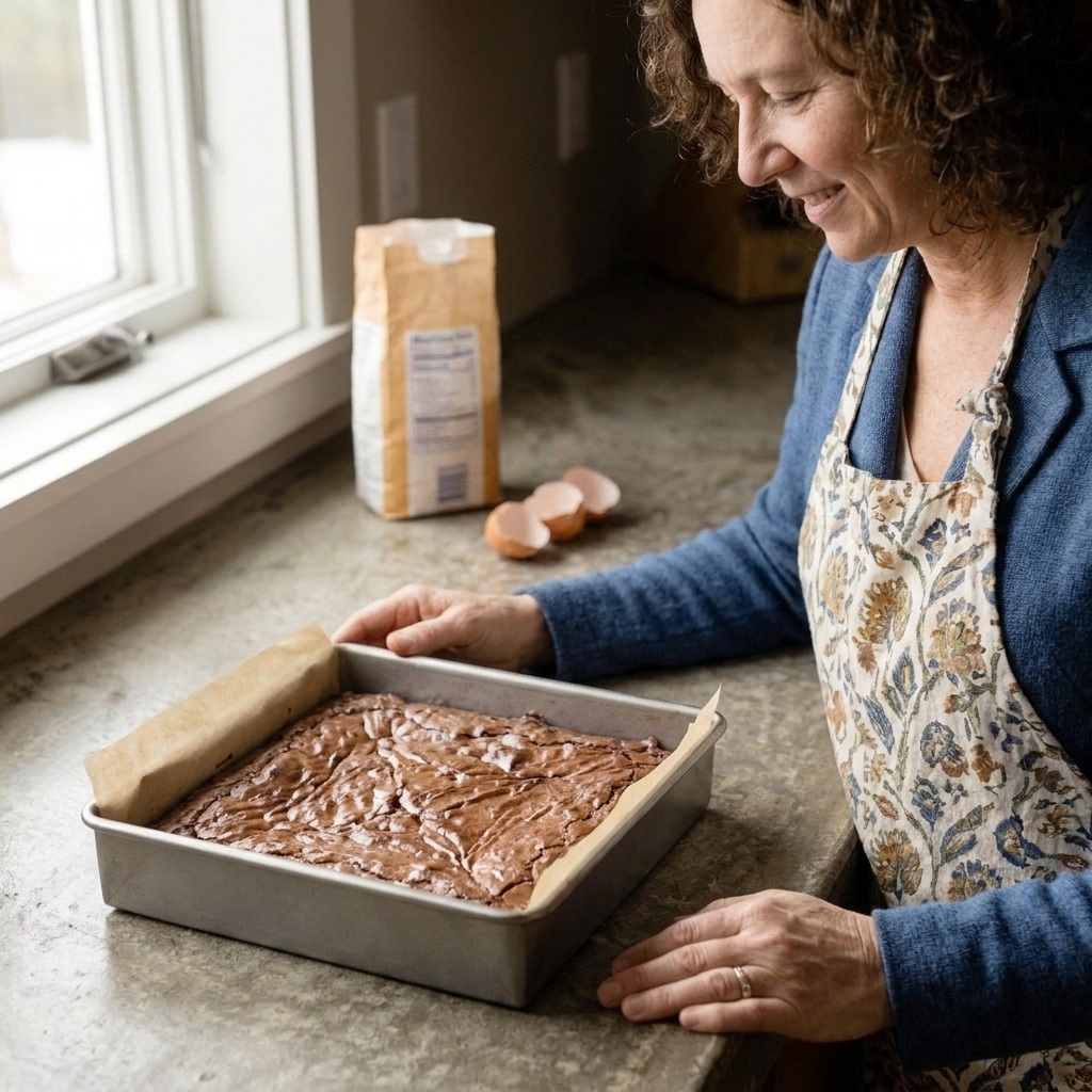 A square metal baking pan filled with brownies showing a shiny crackled top on a parchment-lined pan