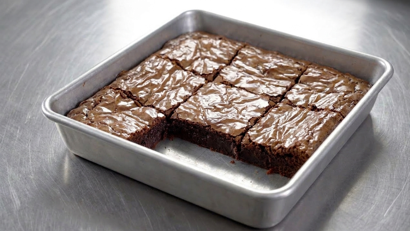 A square metal baking pan filled with thick brownies, showing a shiny crinkly top and clean cut edges