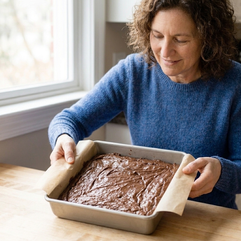 A square metal baking pan lined with parchment paper, filled with brownie batter ready to bake