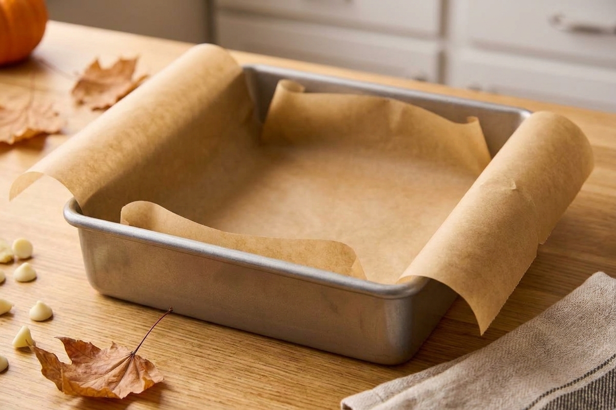 A square metal baking pan lined with parchment paper, with the parchment hanging over the sides as a sling