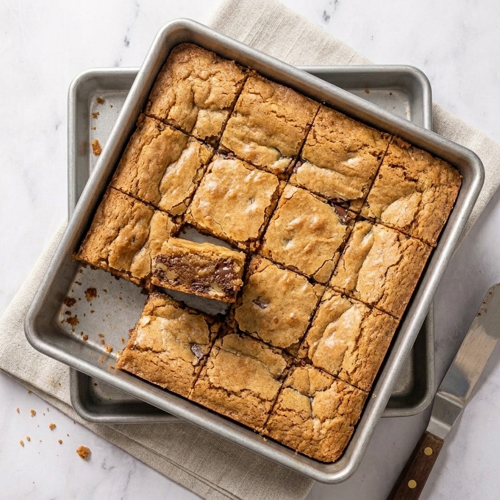 A square metal baking pan with sliced blondie bars showing a chewy center and a golden top