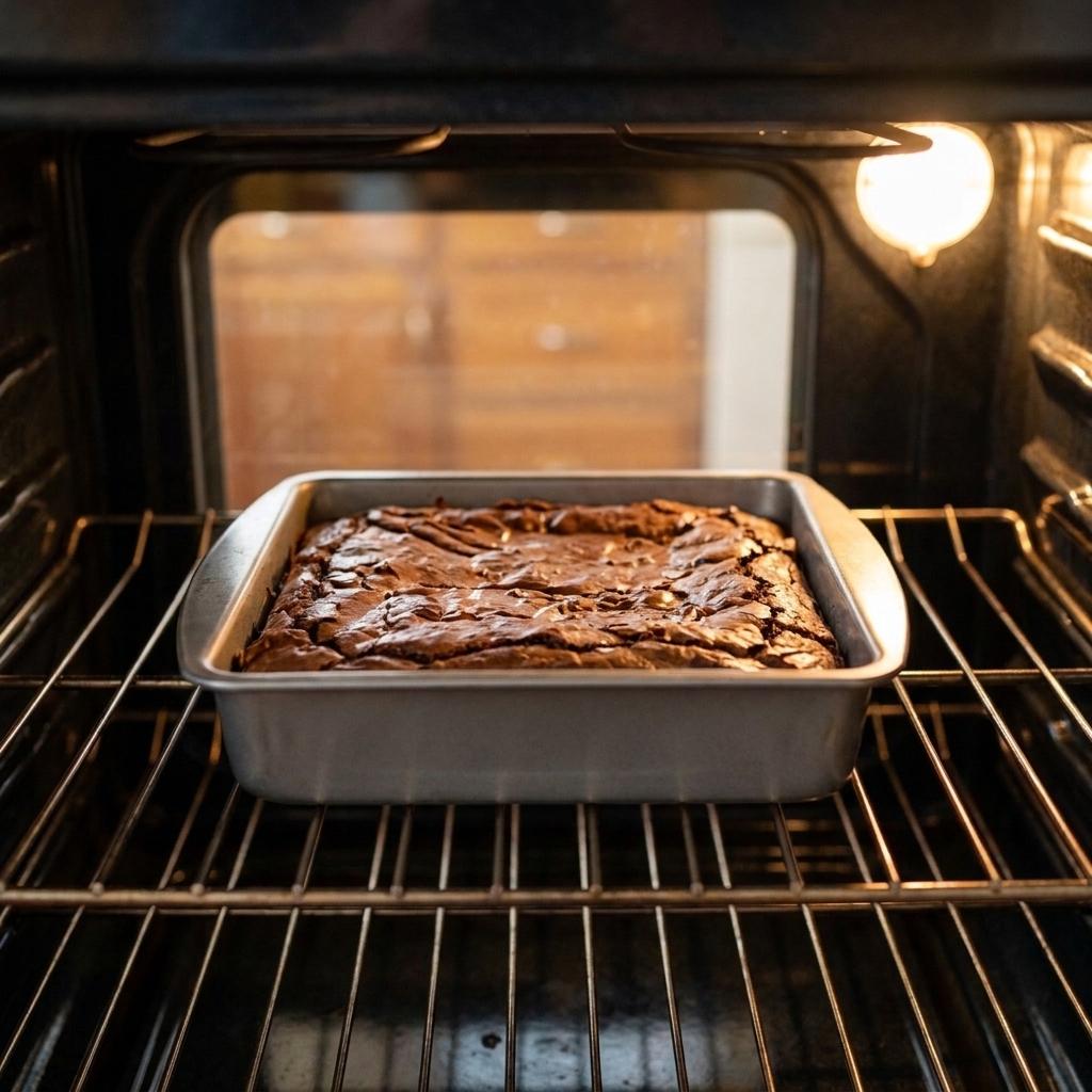 A square pan of brownies baking on the middle oven rack with the top puffed and set
