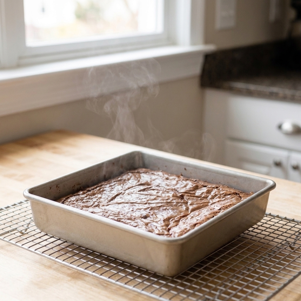 A square pan of brownies cooling on a wire rack on a kitchen counter