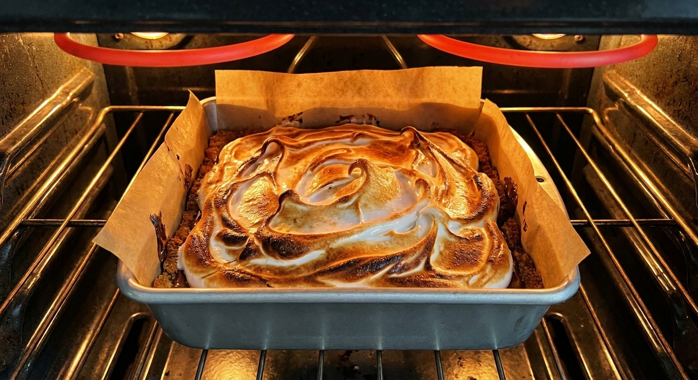 A square pan of s’mores bars under an oven broiler with the marshmallow meringue turning golden on top