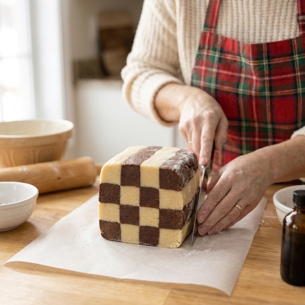 A squared cookie dough block with alternating light and dark strips stacked into a checkerboard pattern on parchment paper