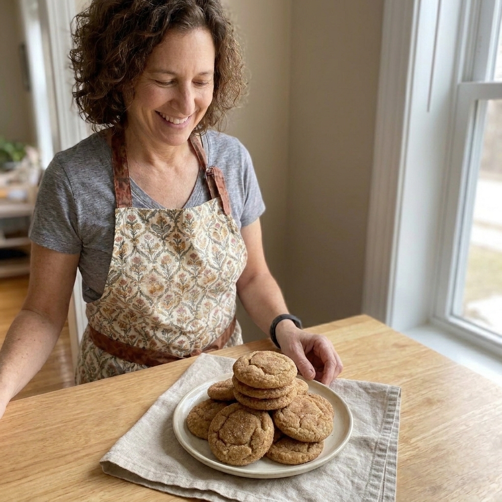 A stack of cinnamon sugar snickerdoodles on a small plate with a linen napkin on a bright kitchen table