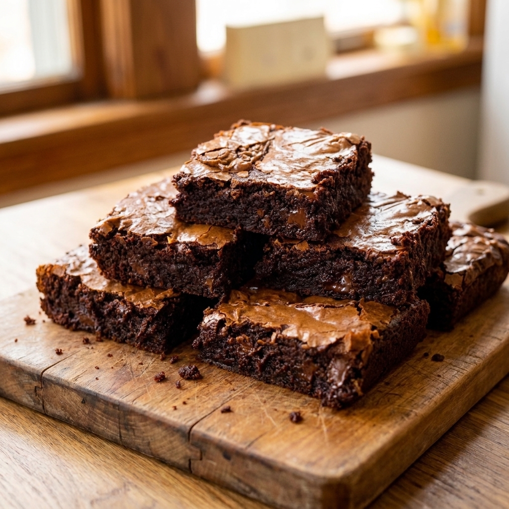 A stack of sliced brownies on a wooden cutting board with visible crackly tops and moist chocolate crumb