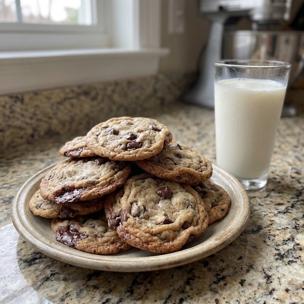 A stack of thick, chewy chocolate chip cookies on a ceramic plate on a dining table with a glass of milk nearby
