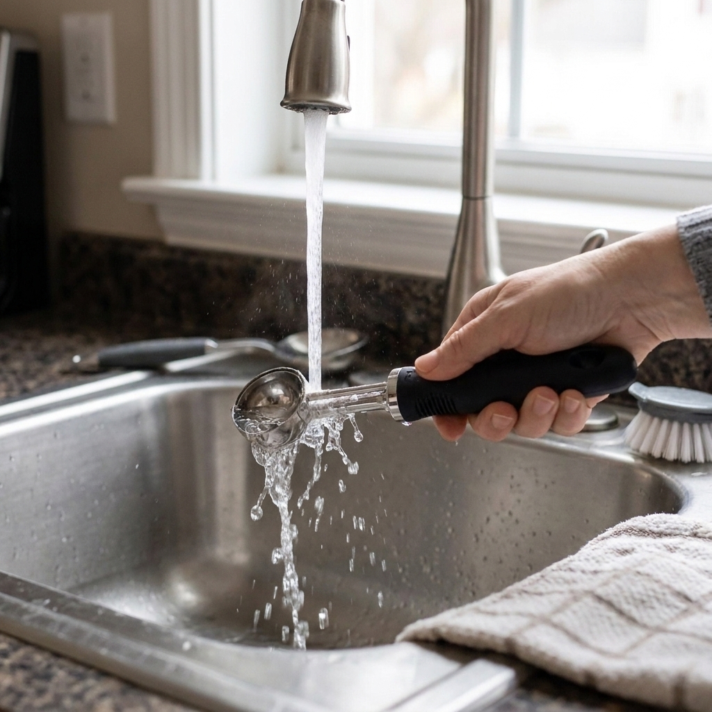 A stainless steel cookie scoop being rinsed under warm running water in a kitchen sink